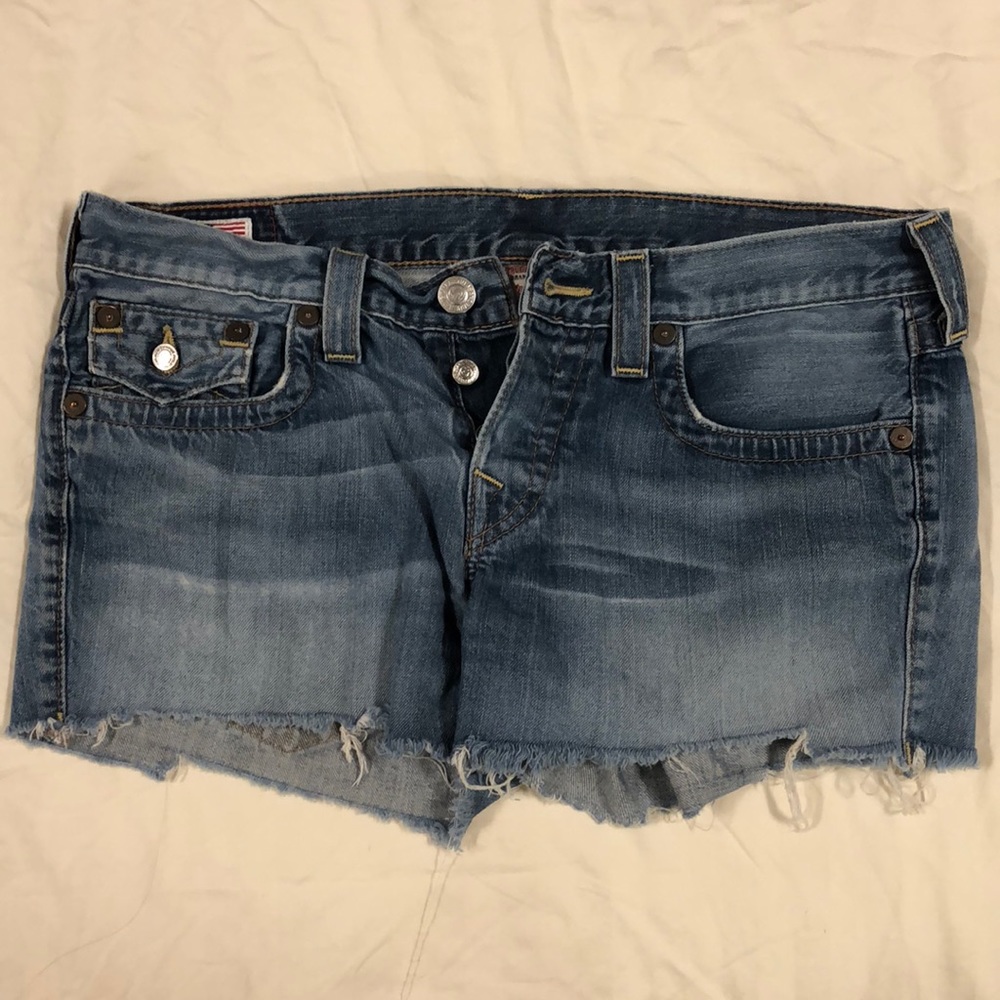True religion button up jean shorts